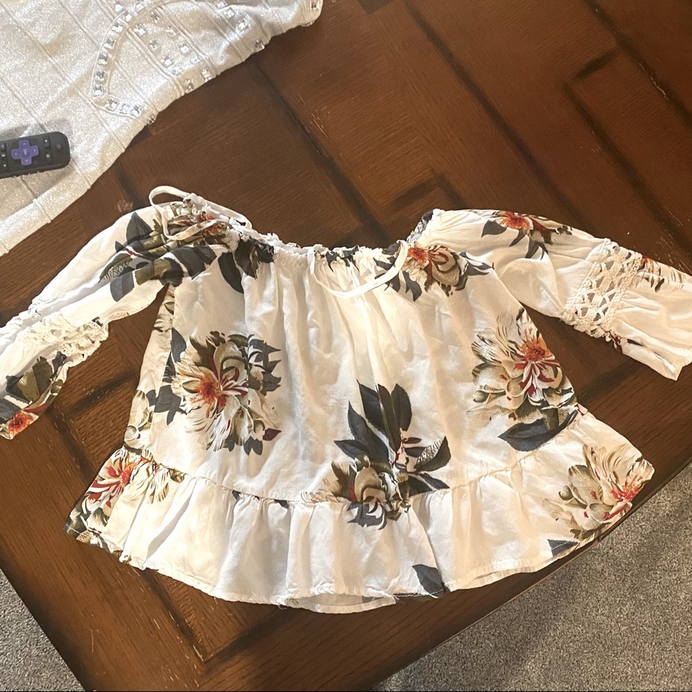 White ruffle off the shoulder floral top